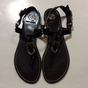Tory Burch Trent Black Patent Buckle Flat Thong Sandal
